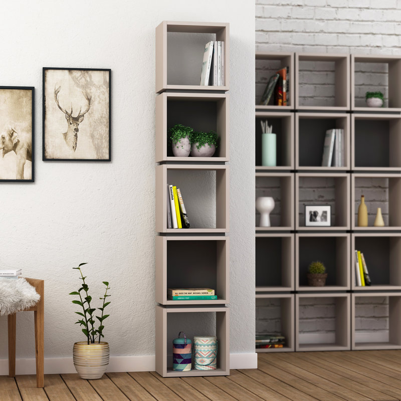 Acquanetta 65.75" H x 12.6" W Geometric Bookcase, Light Mocha/Anthracite
