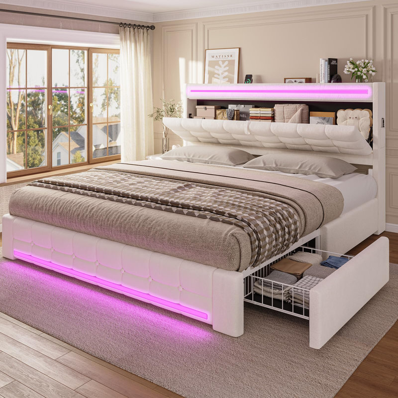 Bed Frames with Storage Headboard & 4 Drawers, LED Bed Frame with Charging Station, Upholstered Platform Bed,No Box Spring Needed