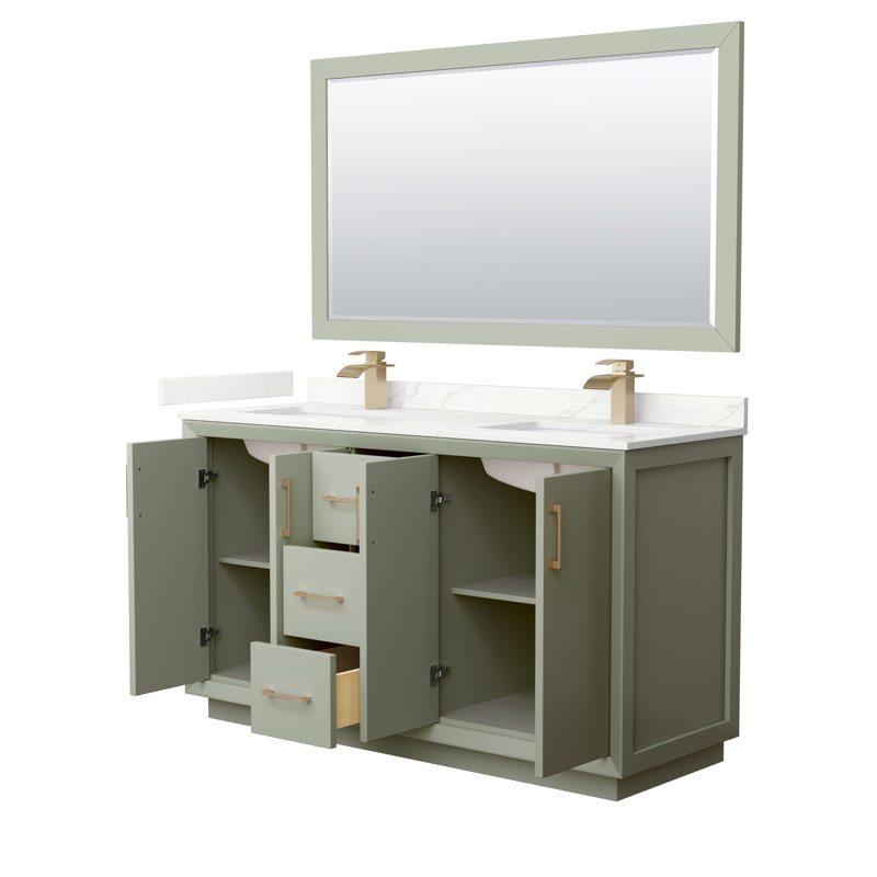 Strada 60'' W Double Vanity, Giotto Quartz, Light Green, Satin Bronze