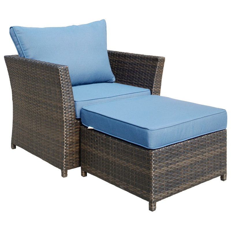 Ensemble de conversation en osier / rotin pour 4 personnes avec coussins, Bleu