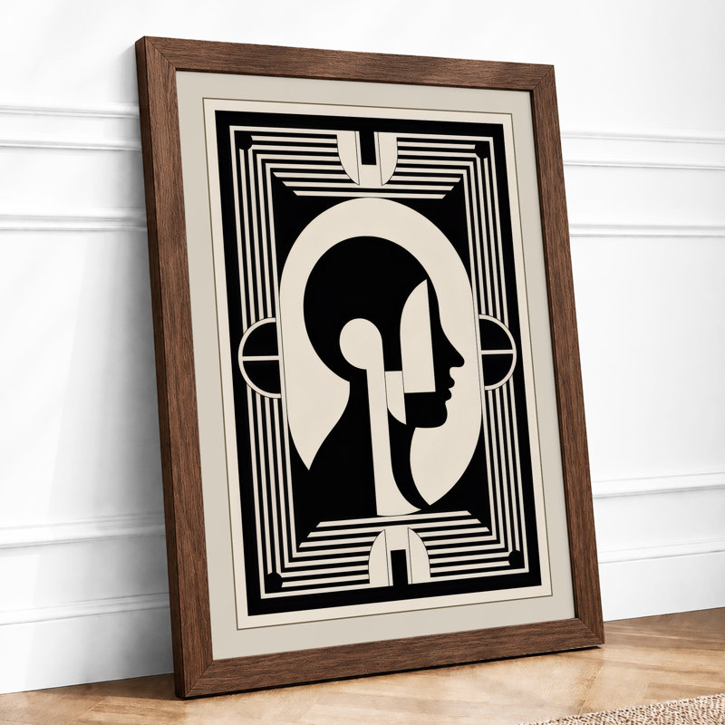 Geometric Profile in Black Art Deco - Framed Print, A4 - 29.7 x 21.0 cm, Walnut