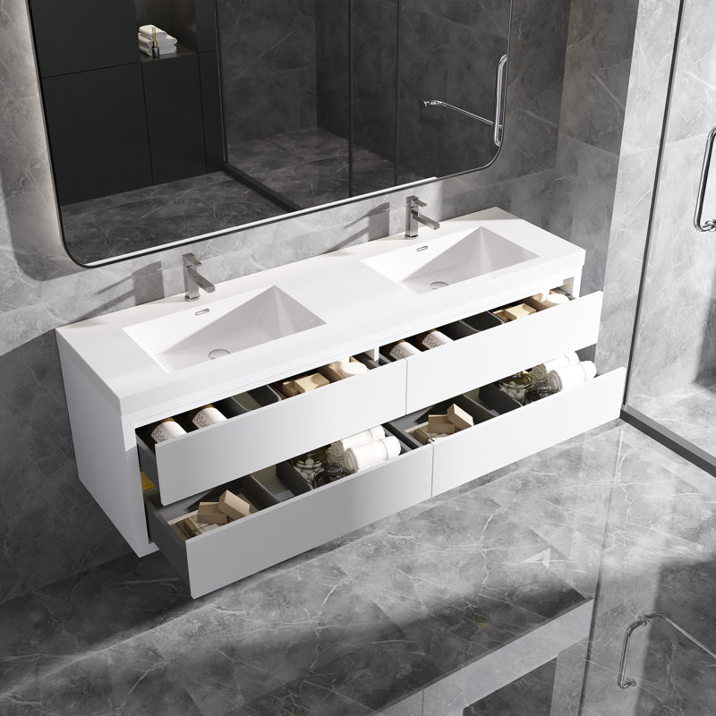Meuble-lavabo mural flottant avec double surface de comptoir en blanc, 72", Blanc