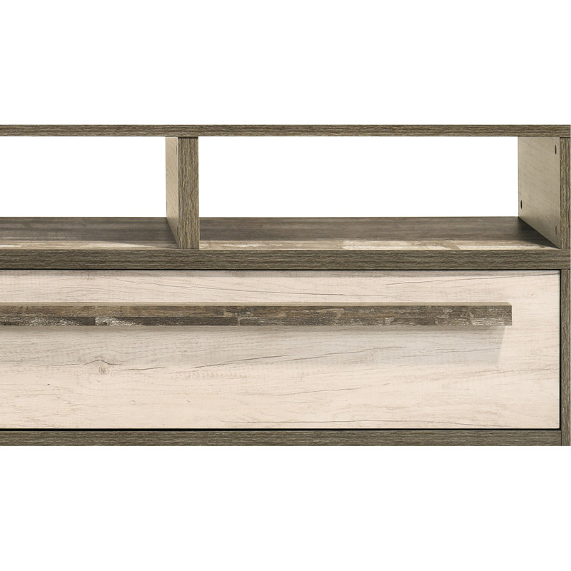 Meuble télé moderne avec une finition en bois à deux tons, des tablettes ouvertes et des tiroirs cachés, pour un espace de vie de 69,2 po avec un produit spacieux de style contemporain