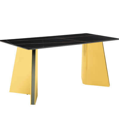Table en marbre noir de 63 po x 31,5 po avec pieds en acier inoxydable doré - Gratté, forme stable, salle à manger rectangulaire en marbre Ambiance chic résistante à la chaleur, savoir-faire raffiné, design