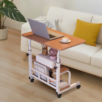 Bureau debout mobile à hauteur réglable avec roulettes - Table d'ordinateur portable à roulettes - Tablettes de rangement - Bureau de chevet, d'école et de bureau à domicile - Couleur noyer, 80 x 40 cm