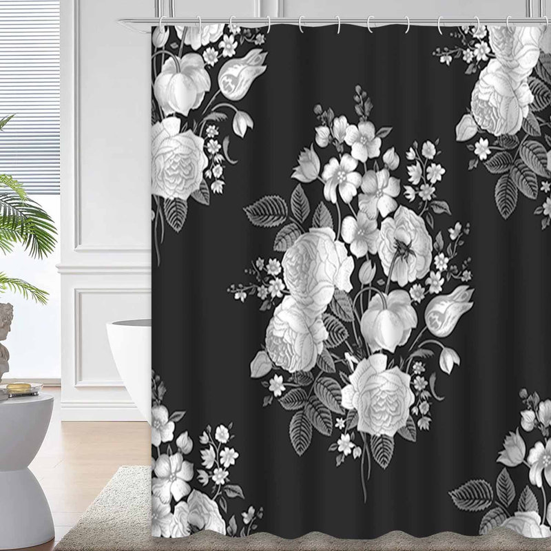 Rideau de douche victorien à motif floral noir et blanc avec 12 crochets, L 72 po x l 78 po