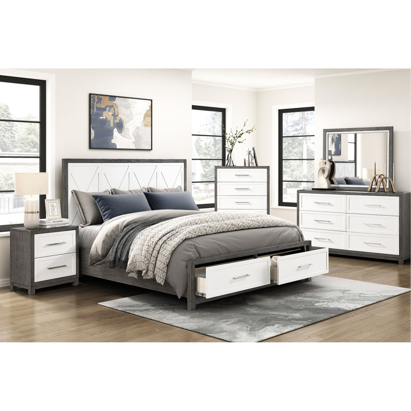 Mobilier de chambre à coucher Grand lit plateforme, gris avec rangement: Lit