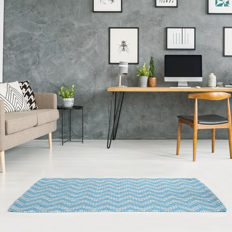 Tapis bleu/blanc à chevron à main, Rectangle 9 pi x 12 pi