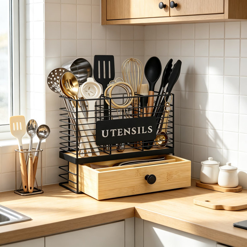Porte-ustensiles de cuisine pour comptoir avec tiroir, organisateur 2-en-1 avec cloison amovible, fixation murale ou comptoir, cadre en métal avec tiroir en bambou pour spatule, argenterie et ustensiles de cuisine