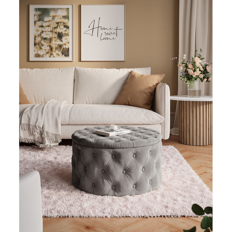 CHESTERFIELD Round Upholstered Pouf Hocker 70 cm, Light Grey Polyester