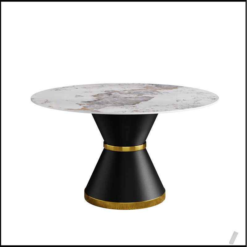 Table de salle à manger moderne en pierre artificielle ronde avec base en acier au carbone pour six personnes, élégante et durable