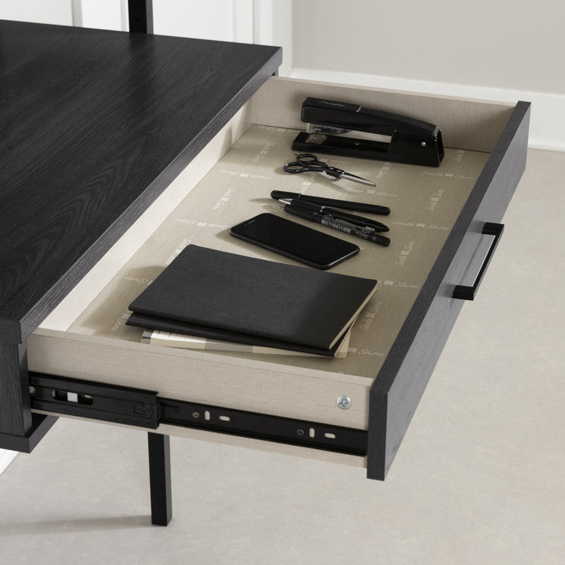 Gray Oak and Black Wall-Mounted Desk with Power Outlets and Storage