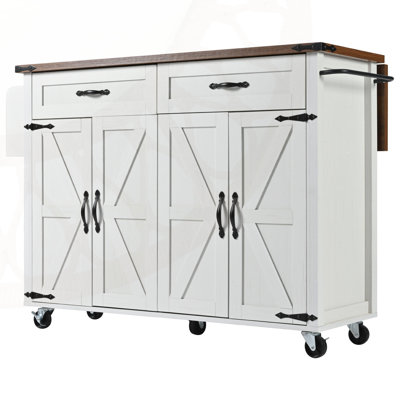 Îlot de cuisine 53,5 po avec prise de courant, îlot de rangement pour cuisine avec abattant, support à épices et tiroir, chariot de cuisine sur roulettes, pour la maison, la cuisine et la salle à manger, blanc