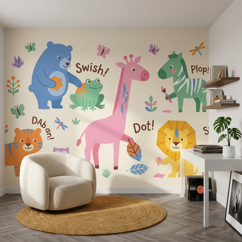 Papier peint pour enfants, animaux dessinés, 120 po x 96 po, Peler et coller