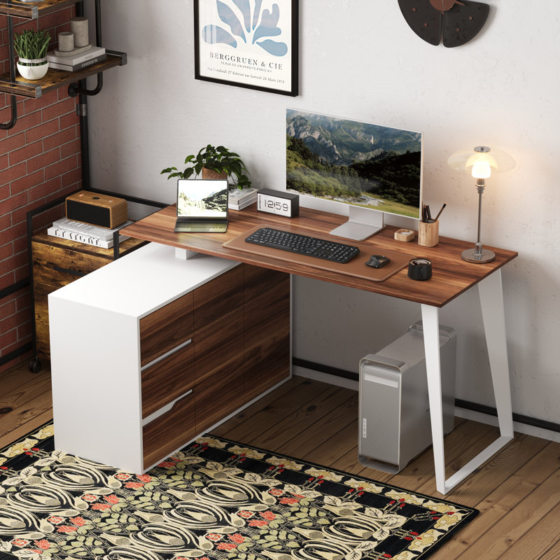 61.2” Wide Corner L-Shaped Computer Desk With 3 Drawers, White