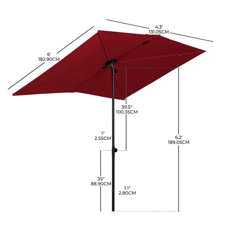 182.9cm X 131.05cm Rectangular Market Parasol, Red