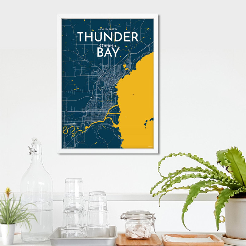 Thunder Bay City Map, impression, Bleu / jaune, H 27,6 po x l 19,7 po
