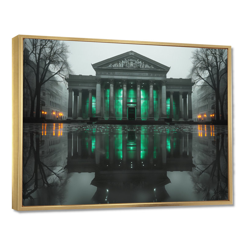 Décoration murale «Banques en hiver» - Banques vertes et grises, Cadre flottant doré, 24" H x 32" W