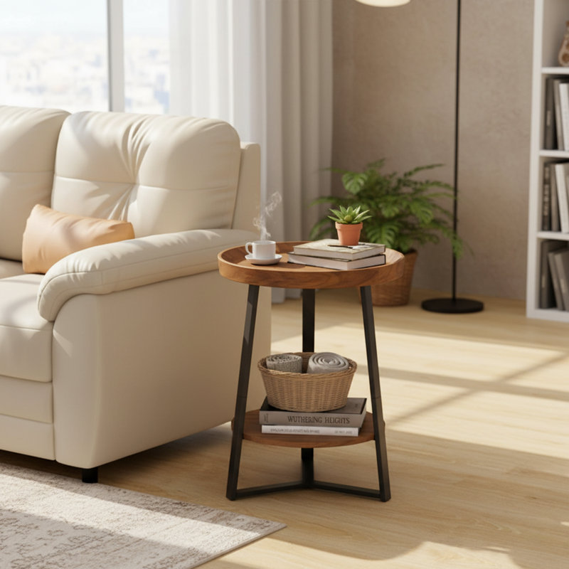 Table de bout ronde avec tablette de rangement, table d'appoint style campagne à 2 niveaux