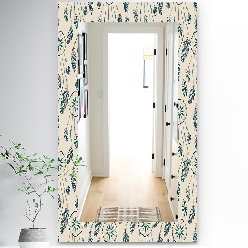 Miroir mural bohémien et éclectique 24 plumes, H 39,4 po x l 29,5 po