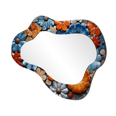 Floral boho blue and orange Tile Mosaic 1 - Boho Mosaic Asymmetrical Unique Wall Mirror, Bohemian Freeform Mirror, Printed Metal Art