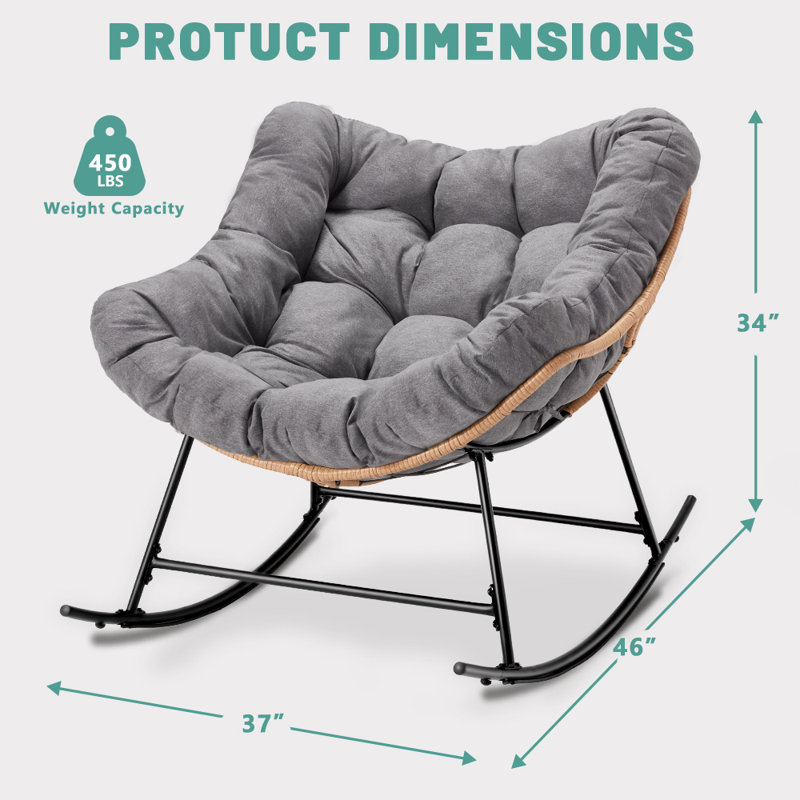 Chaise berçante confortable pour l'extérieur et l'intérieur avec coussin épais et sangles, Gris foncé