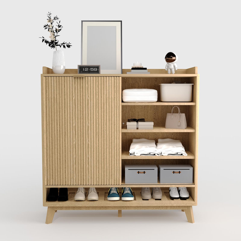 Range-chaussures cannelé avec porte coulissante et tiroirs, rangement pour chaussures, Naturel