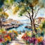 Port méditerranéen avec fleurs, village côtier, art mural sur toile-893362702