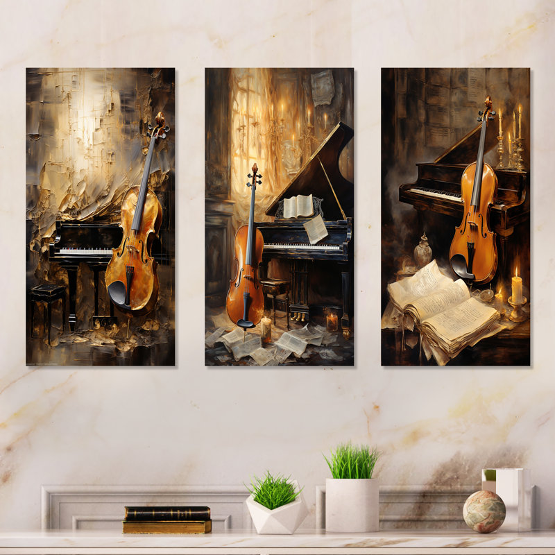Ensemble de 3 impressions vintage violon et piano - musique, H 32 po x l 48 po