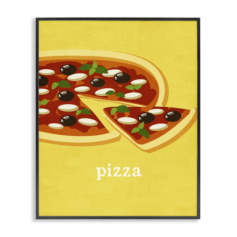 Délicieuse pizza sur estampe jaune encadrée, design par Kim Allen, H 14 po x l 11 po, Giclée encadrée noir minuit