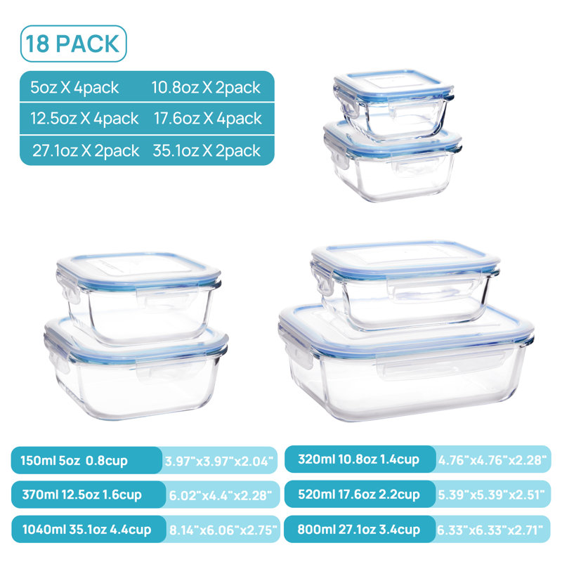 18 boîtes de rangement en verre avec couvercles, boîtes de préparation de repas, boîtes à bento hermétiques avec couvercles verrouillables pour micro-ondes, four, congélateur, lave-vaisselle, bleu