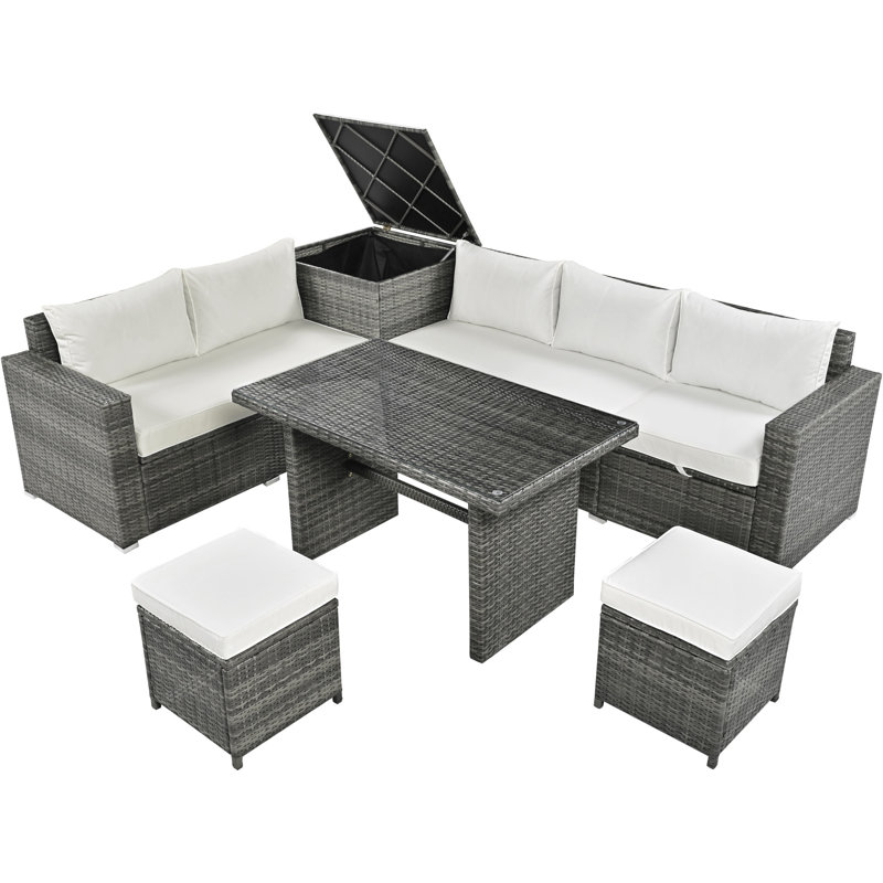 Outdoor 6-Piece All Weather PE Rattan Sofa Set, Coussin beige / structure grise