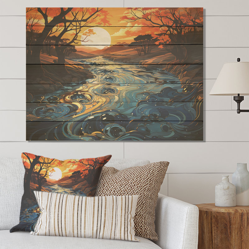 Orange et bleu rivière sereine voyage I - rivière sur bois, H 30 po x l 40 po x P 0,78 po
