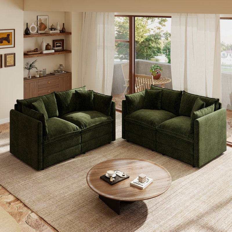 Canapé modulaire modulaire en forme de L de 112 po avec repose-pieds en chenille 4 places et coussin profond pour salon, Vert