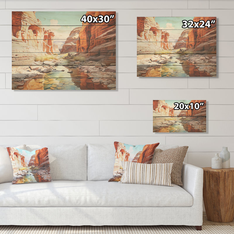 Paysage de rivière au bord du canyon - Art mural en bois sur bois de pin naturel, H 30 po x l 40 po