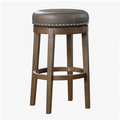 Ensemble de 2 tabourets de bar rotatifs circulaires, en similicuir gris, pivotant à 360 degrés, avec décoration cloutée, structure en acajou, meubles en laque brune