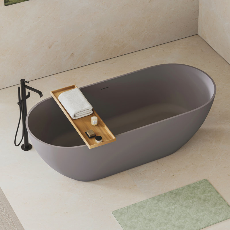 Luxury, 63 - Inch, Solid Surface, Freestanding, Matte Grey, Soaking Bathtub, Overflow Feature, Pop Up Drain, Elegant Look 63", Pop-Up Drain