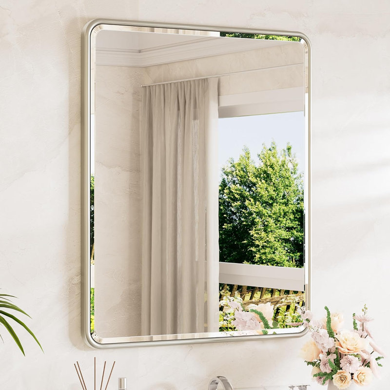 Miroir en nickel brossé brossé pour mur 30 x 36 en verre trempé à bords biseautés, miroir arrondi à cadre rectangulaire