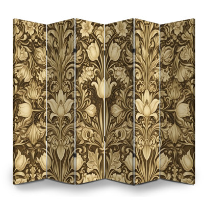 Paravent pliant à 6 panneaux, séparateur de pièce, motif floral baroque royal doré, tulipes et feuilles ornementales, toile foncée, cloison de protection autoportante, séparation d'intimité