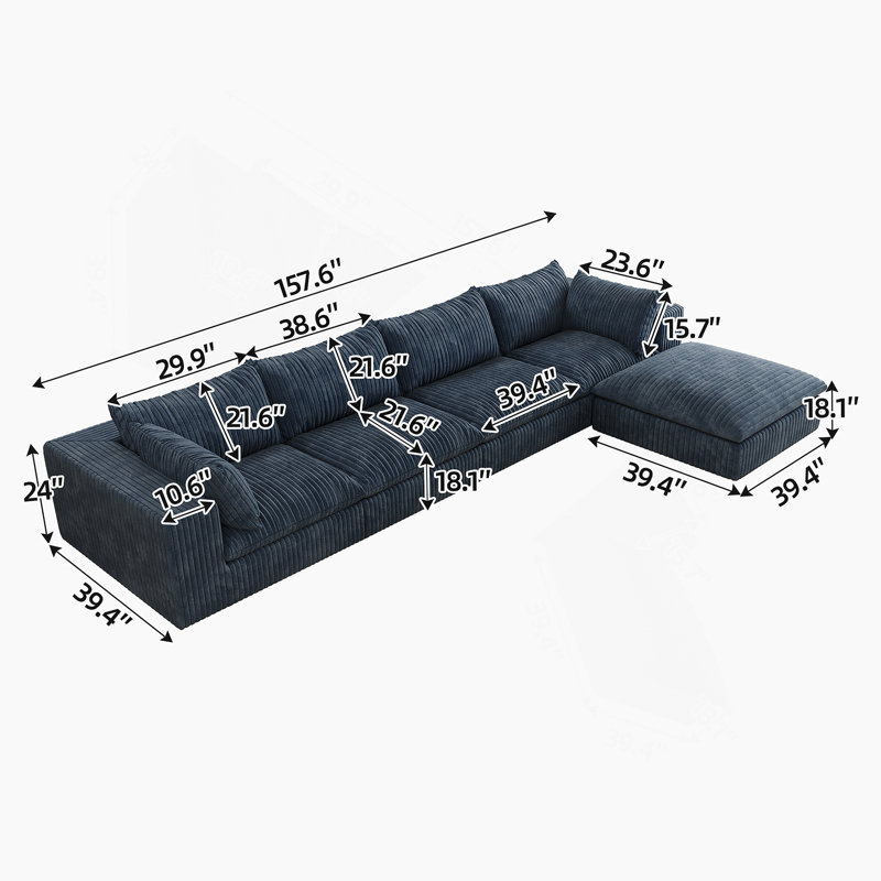 Boneless Cloud Sofa,Corduroy Fabric,Deep Seat Couches,Double-Layer Design,Removable Cushion, H 24 po x l 157,6 po x P 78,8 po