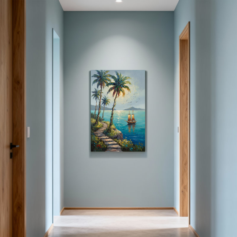 Plantes et fleurs, plage tropicale avec palmiers et voilier, H 18 po x l 12 po