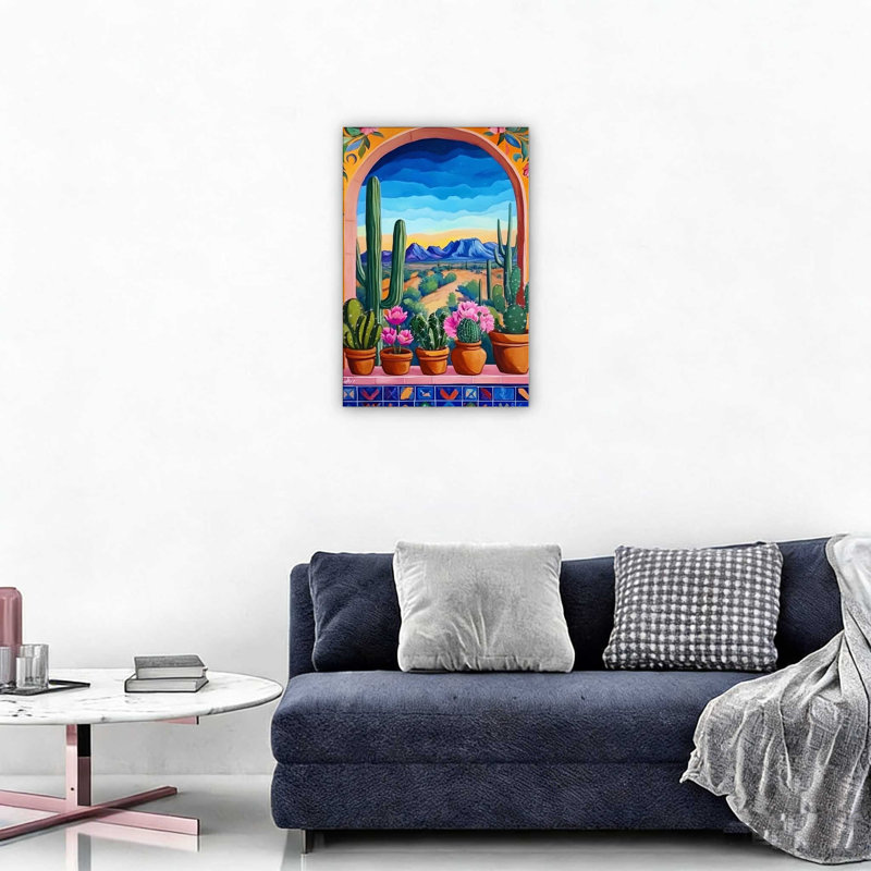Mexique, paysage naturel et tuiles, art rustique bleu du sud-ouest sur toile, 12 x 18