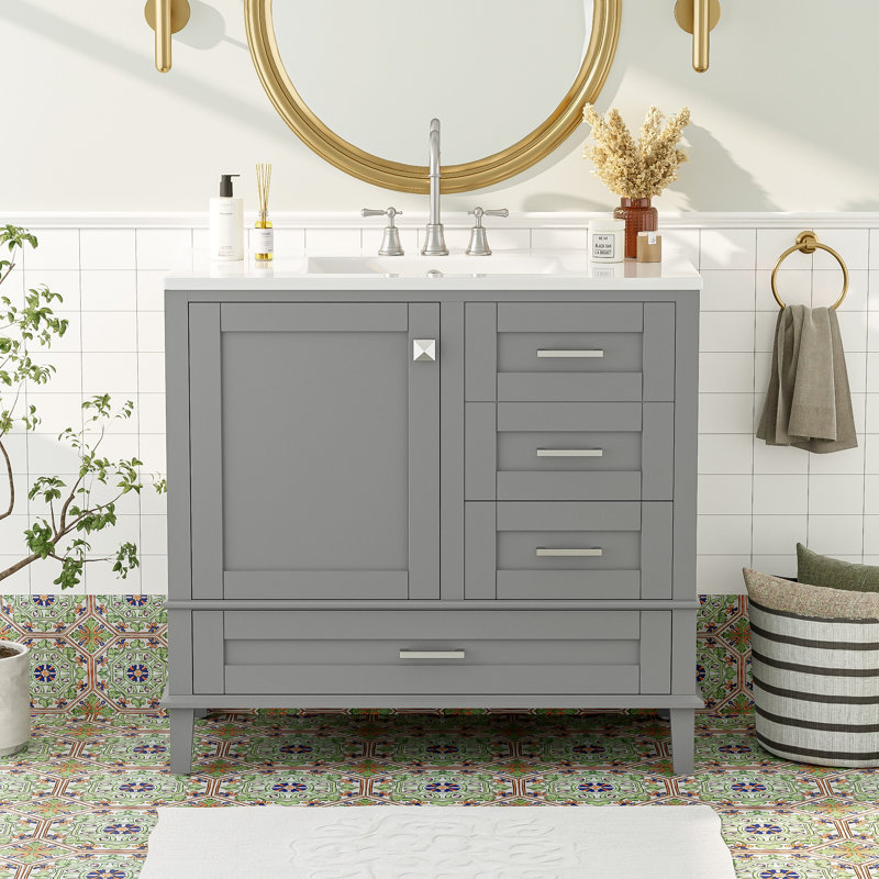 Meuble-lavabo simple 36 po avec lavabo en céramique, Gris, Argent argent