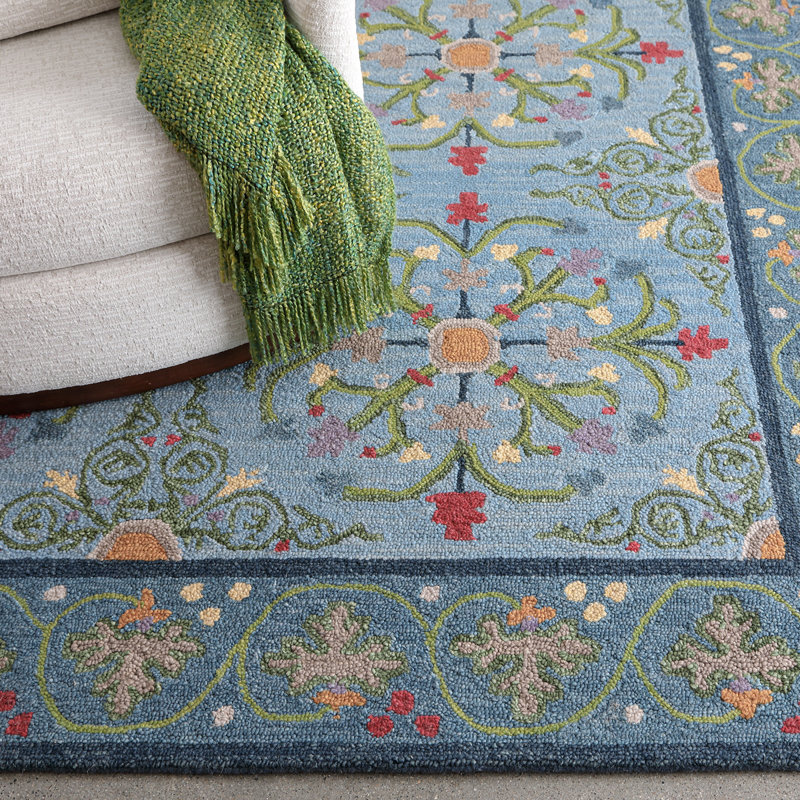 Alpenrose Hand-Tufted Wool Loop Pile Indoor Rug Traditional Bordered Blue, Rectangle 3' x 5'
