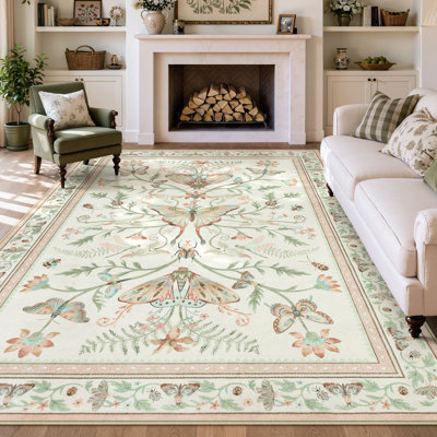 Vintage Insect Floral Area Rugs, Washable Non‑Slip Indoor Rugs for Living Room, Bedroom, Entryway