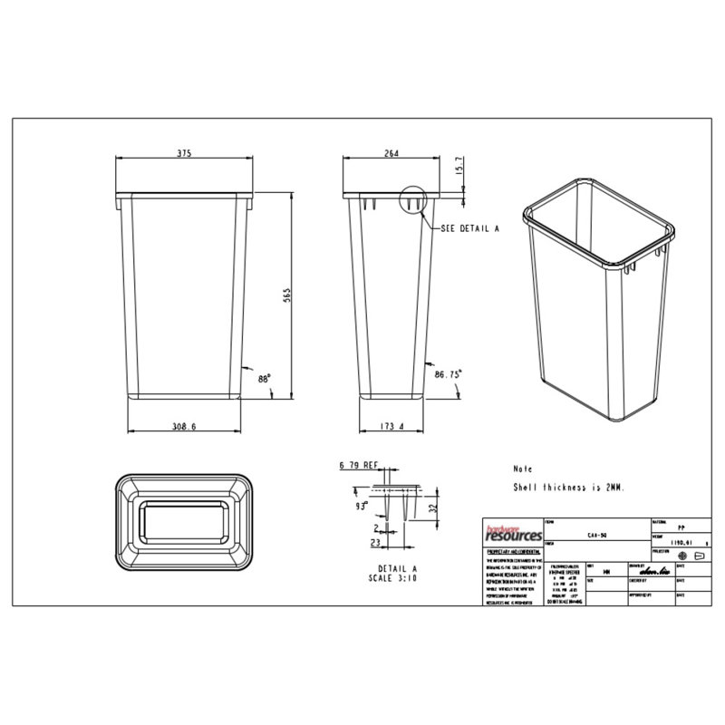 Plastic Open Kitchen Trash Can, White, 12.5, 22.41" H x 9.81" W x 14.875" D