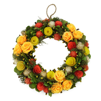 Couronne de fleurs artificielle orange et jaune avec mousse et brindille 12 po