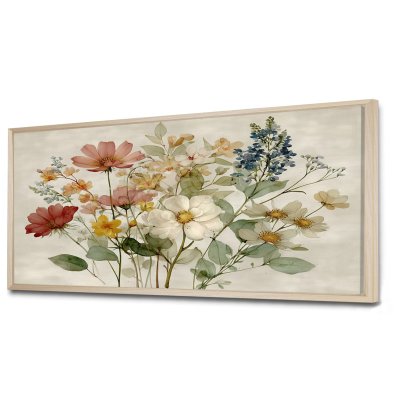 Bouquet de fleurs de campagne rétro - décoration murale, fleurs vertes encadrées, H 28 po x l 60 po, Cadre flottant, Natural