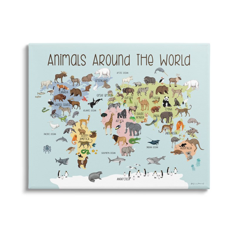 Carte «Animaux autour du monde» par Sally Swatland - impression, H 16 po x l 20 po x P 1,5 po, Toile tendue