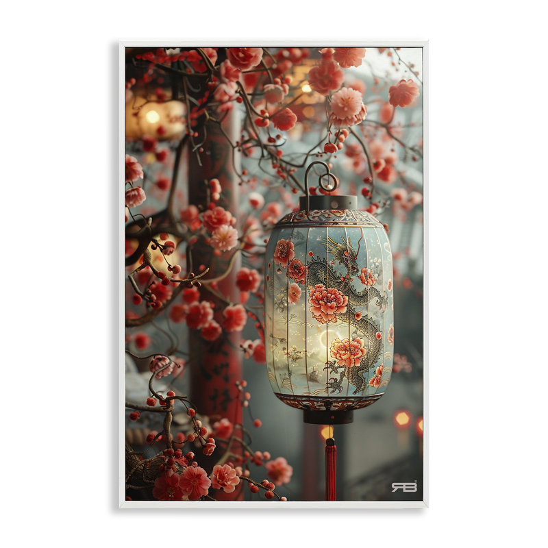 «Florals with Asian Motif Gray», estampe numérique par Roozbeh Bahramali, Giclée encadrée blanc bord de mer
